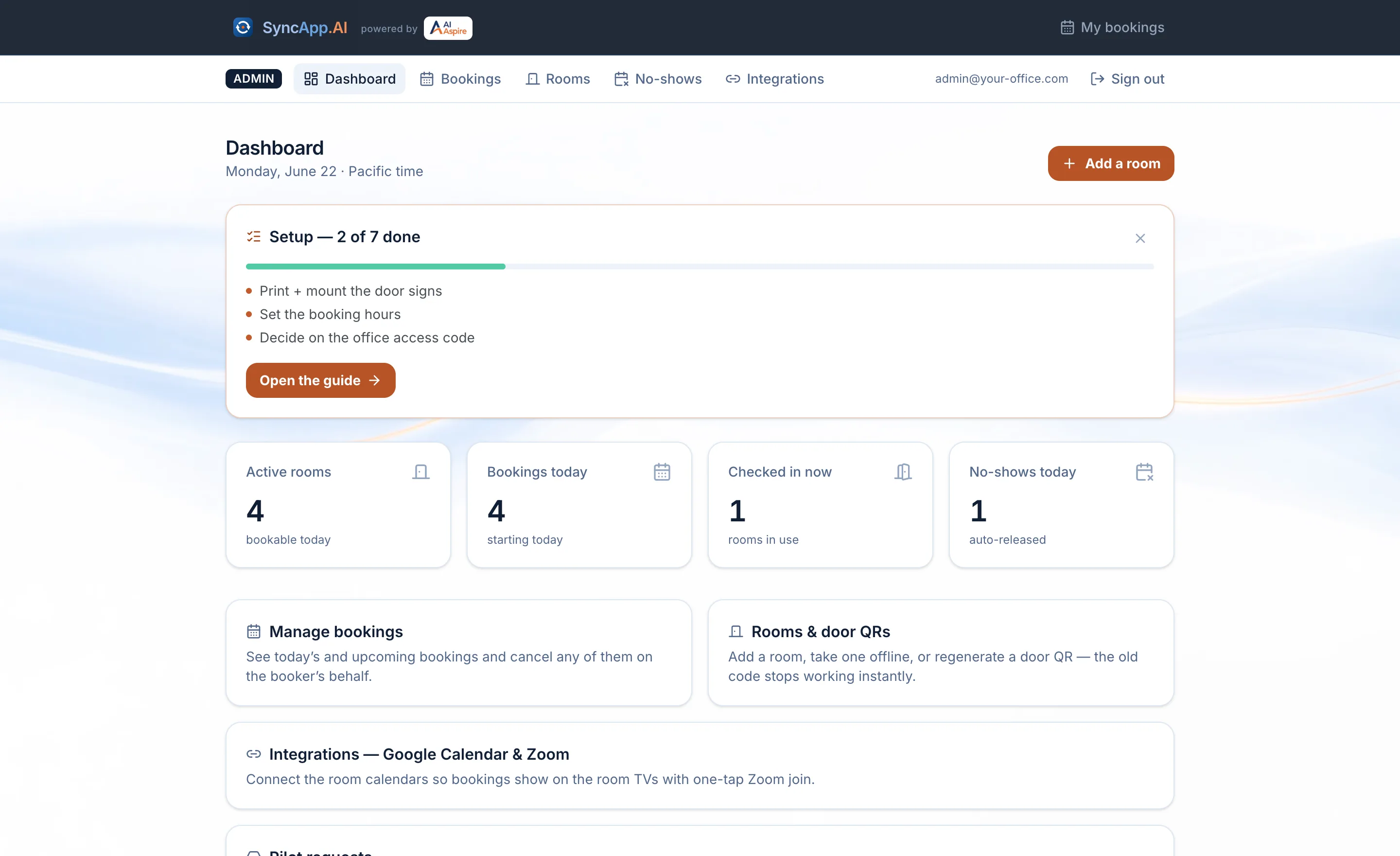The admin dashboard: count tiles for active rooms, bookings today, checked-in now and no-shows, above settings cards for the office access code, booking hours, and advance booking.
